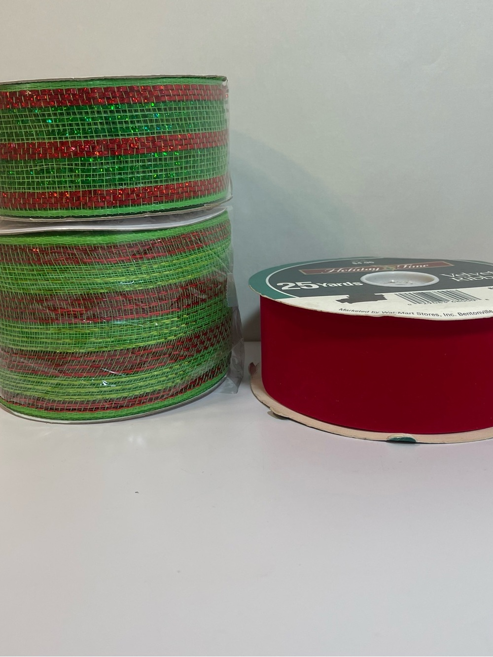 Mesh Green And Red Stripe 2”& 4” + Red Velvet Ribbon 2. 1/4” Christmas Holiday